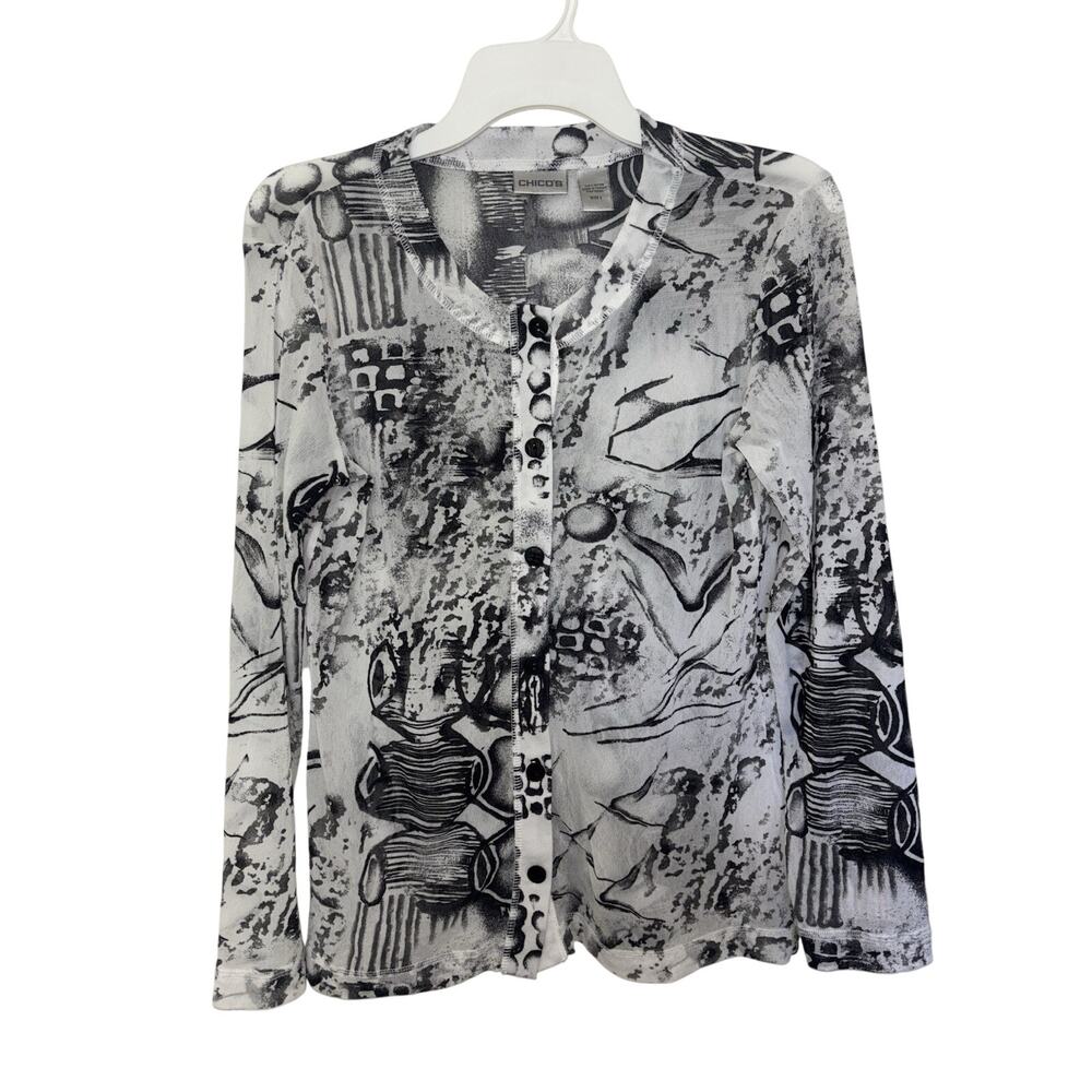 Y2K Chicoโs Black White Sheer Nylon Long Sleeve Button Top M Abstract Print